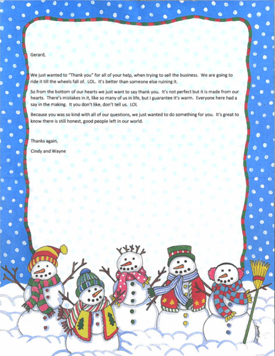 Original handwritten thank-you letter from Cindy and Wayne to Gerard Perillo — a Clipboard Moment™ story